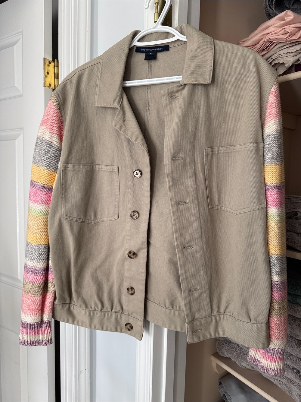 French Connection Beige Utility Jacket with Multicolor Striped Knit Sleeves